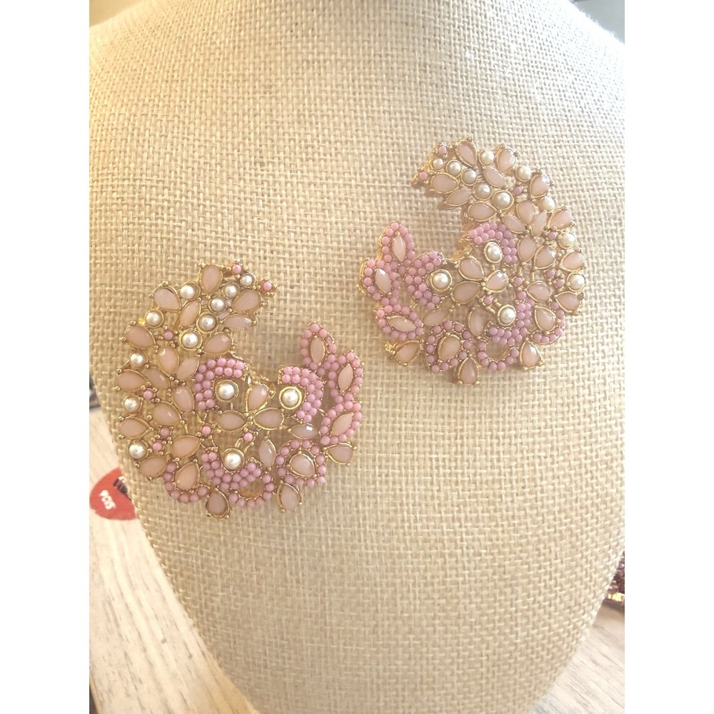 Pink and Faux Pearl Drop Earrings Gold Tone Setting 2" Tall